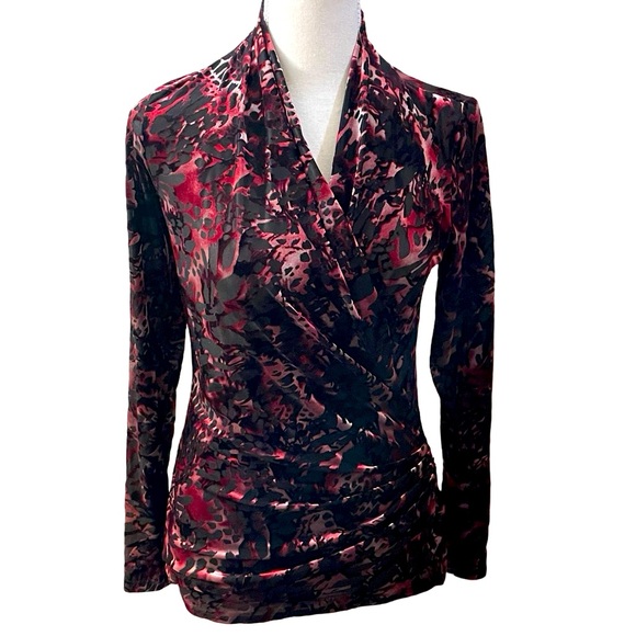 Karen Kane red black velvet burn out blouse size small faux wrap spandex sheer - Picture 1 of 16